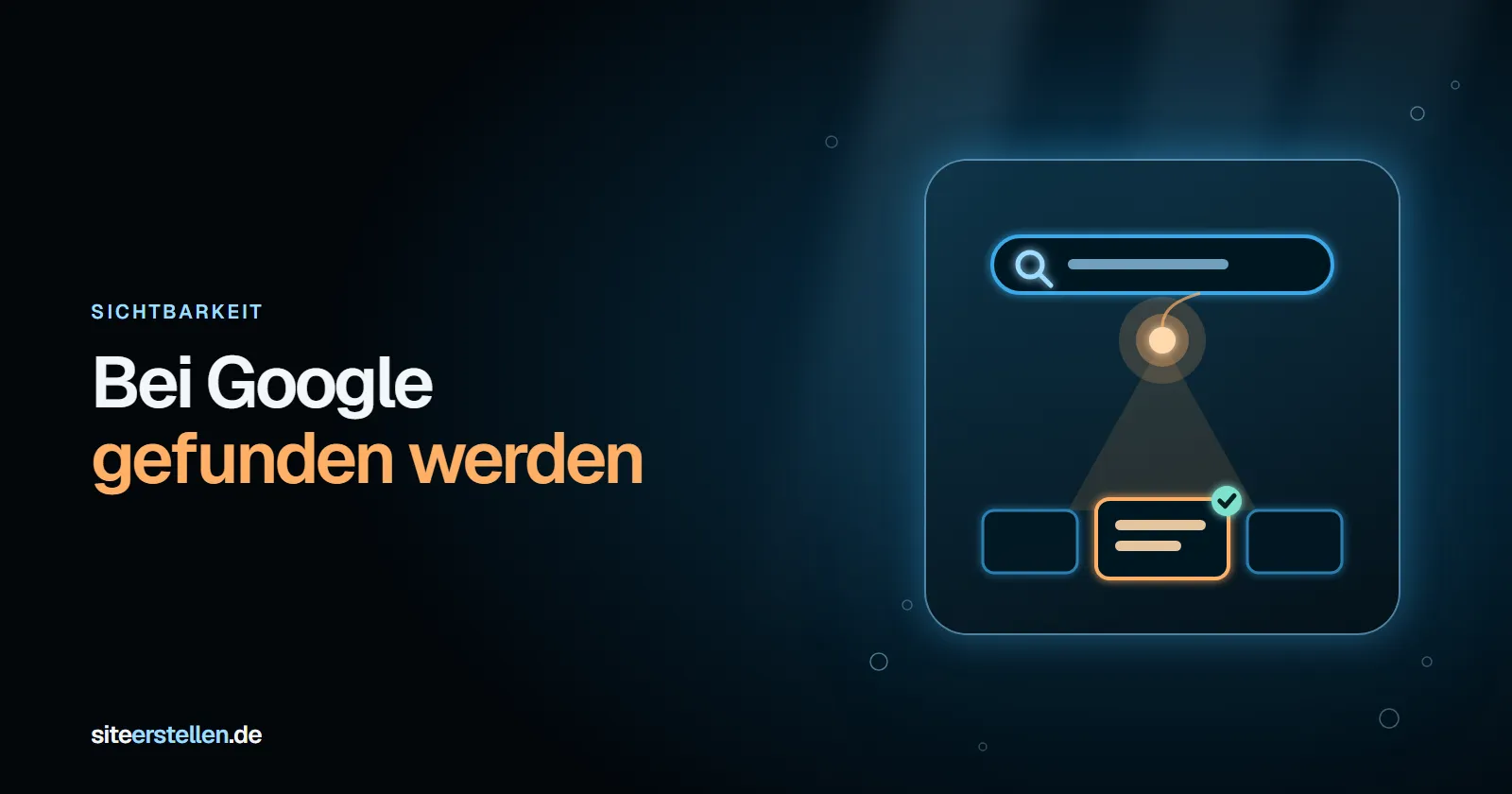 Suchfeld mit einer hervorgehobenen Website als Treffer, daneben Kartenmarkierung und KI-Antwortfenster: bei Google gefunden werden in Suche, Maps und KI-Antworten