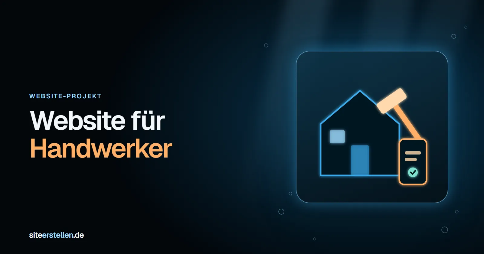 Werkzeug neben einem Smartphone mit geöffneter Handwerker-Homepage, darauf Leistungen, Projektfotos und Anruf-Knopf – Website für Handwerker